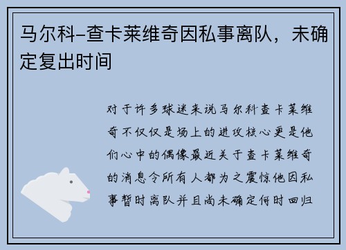 马尔科-查卡莱维奇因私事离队，未确定复出时间